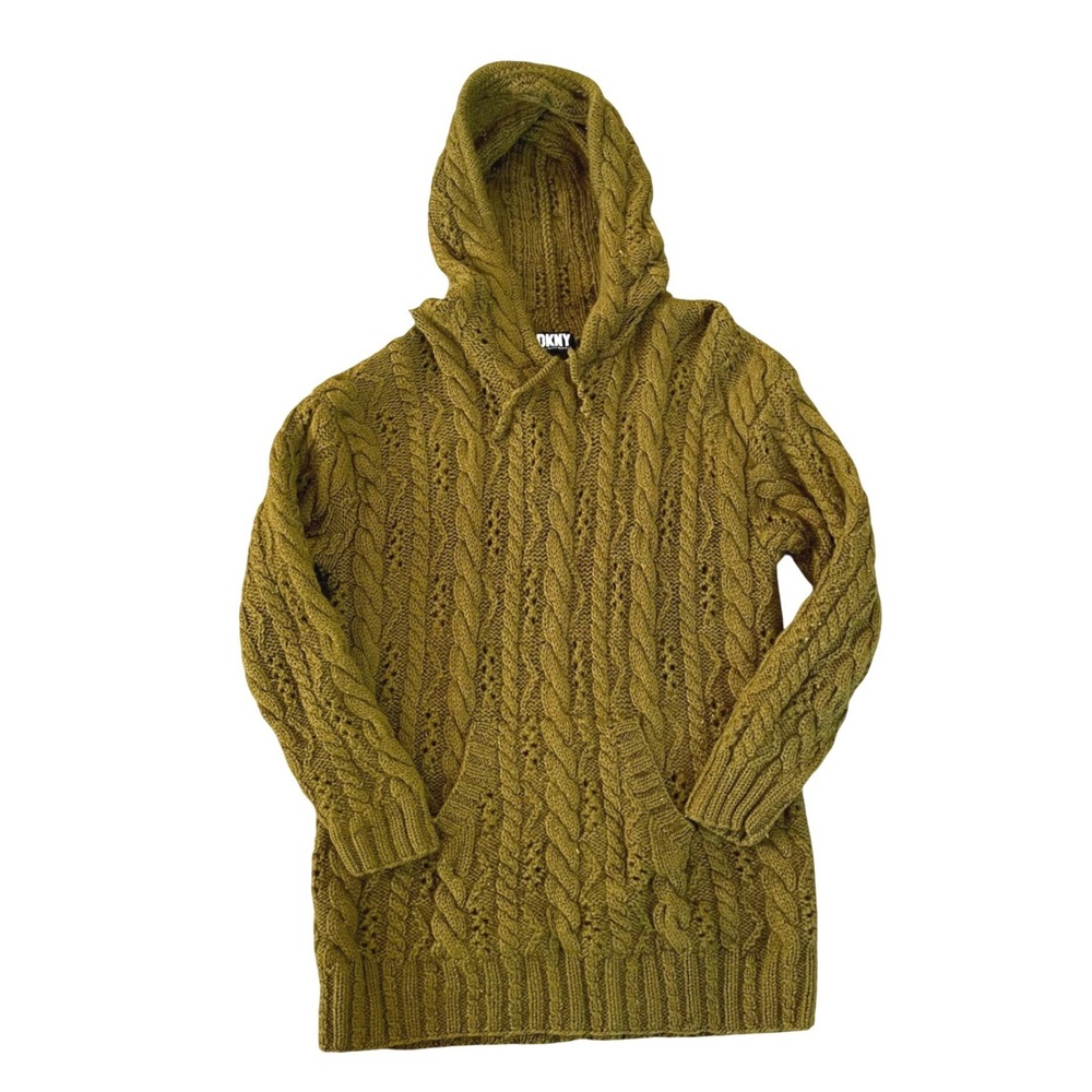 DKNY Donna Karan Wool Olive Green Hoodie Knit Sweater Chunky Oversized Fisherman
